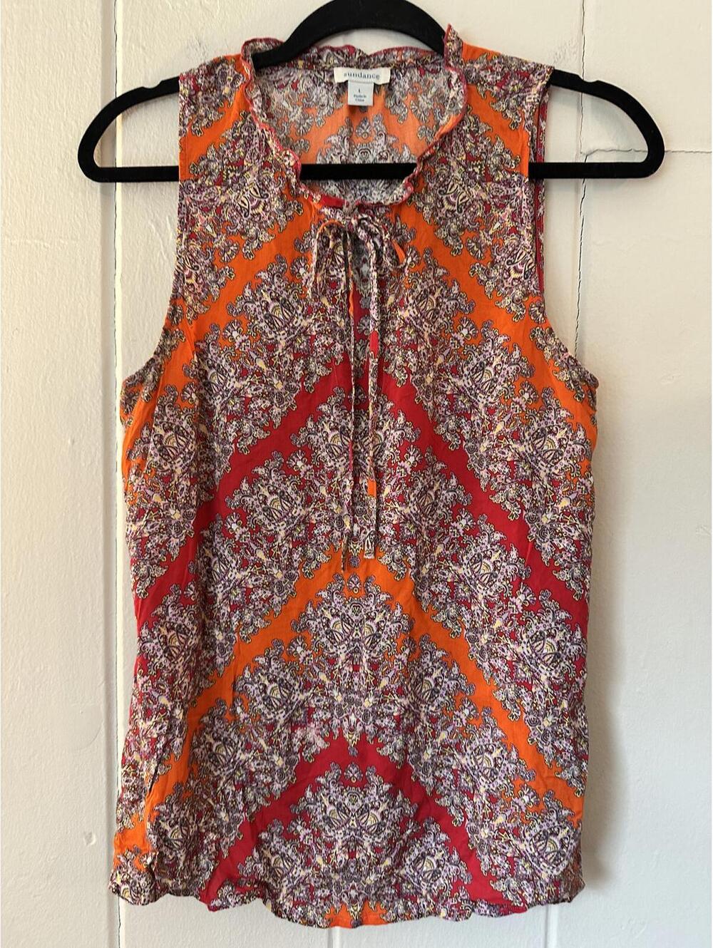 Sundance Boho Paisley Sleeveless Tassled Detail Red and Orange Top Size Large